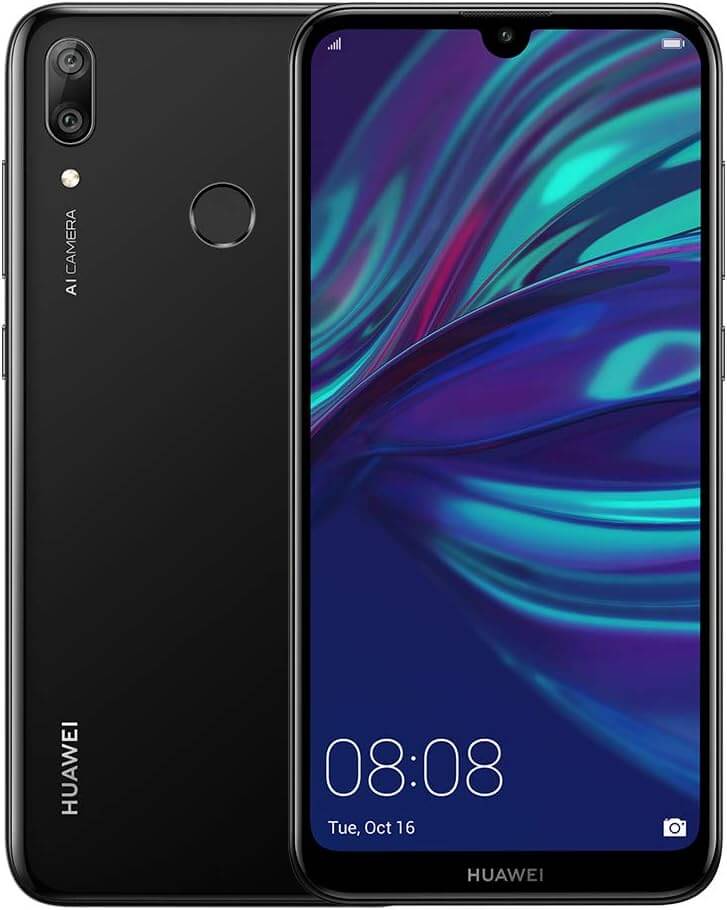 Huawei Y7 2019 128GB smartphone in black, showcasing front and back design with AI camera.