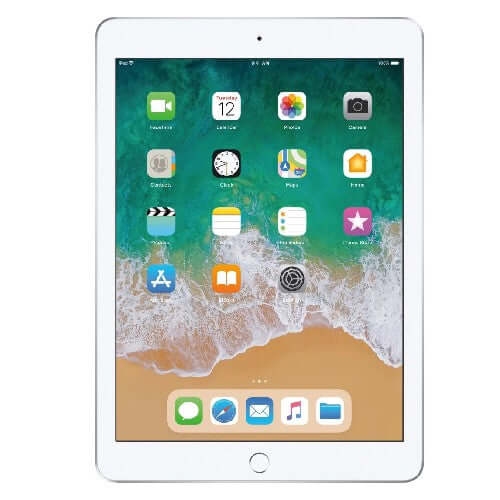 Apple iPad with touchscreen display and home screen apps in silver color