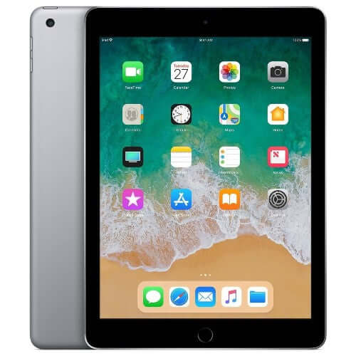 Apple iPad (6th generation) 128GB WiFi Silver showing front and back view with home screen apps.
