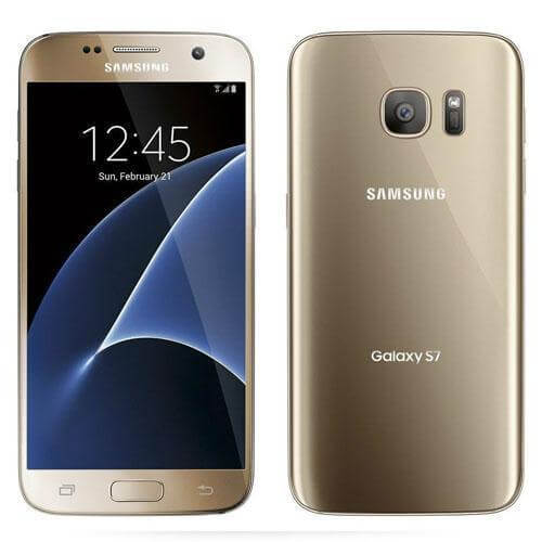 Samsung Galaxy S7 in gold color showing front and back view with touchscreen display and dual SIM.