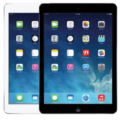 Apple iPad Air displayed in black and white with various app icons on the screen.
