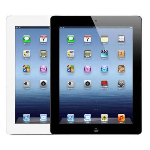 Apple iPad (3rd generation) displayed in white and black color variants, showcasing its iOS interface and app icons.